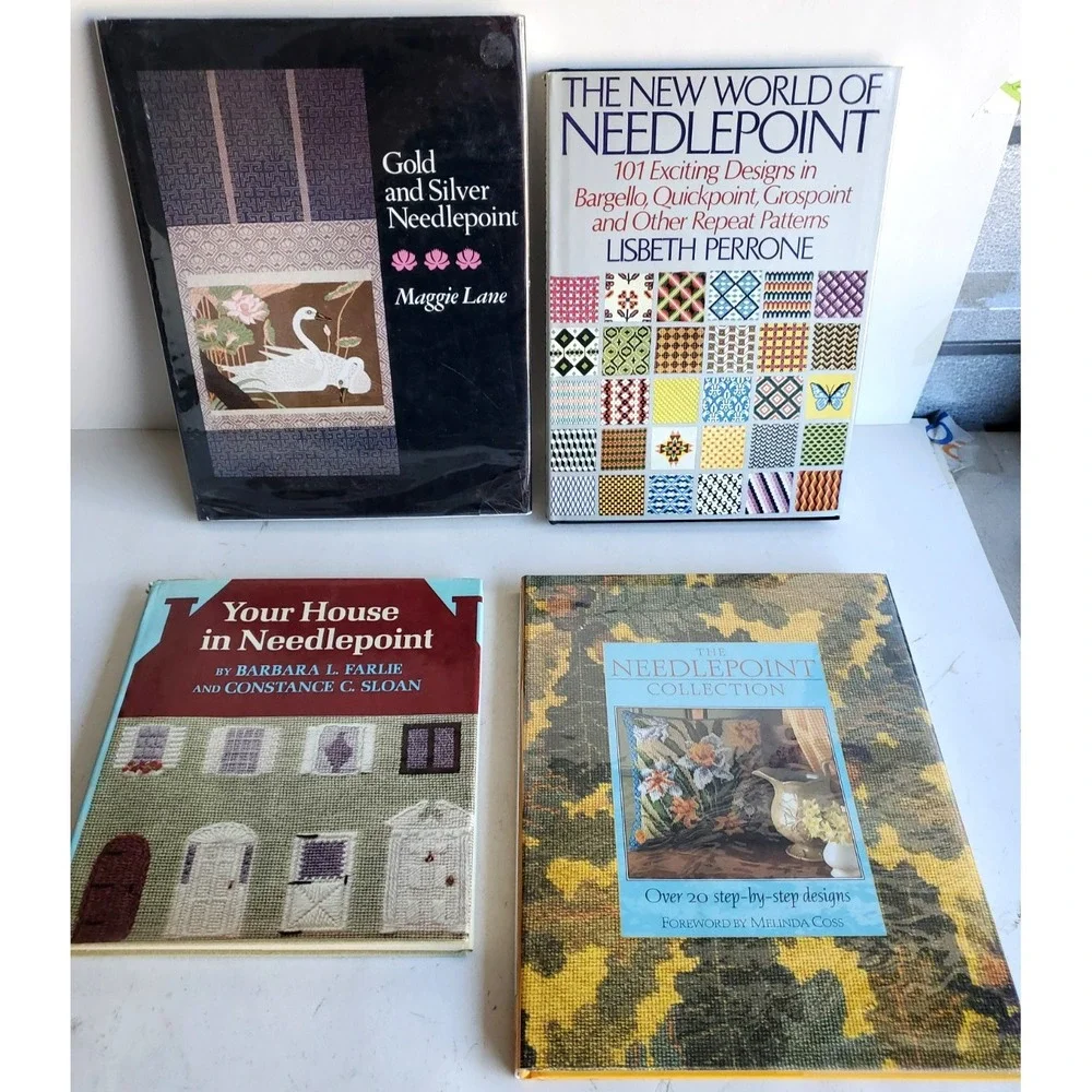 Lot of 4 Vintage Needlepoint Patterns Craft Hobbies & Design Books Gold Silver
